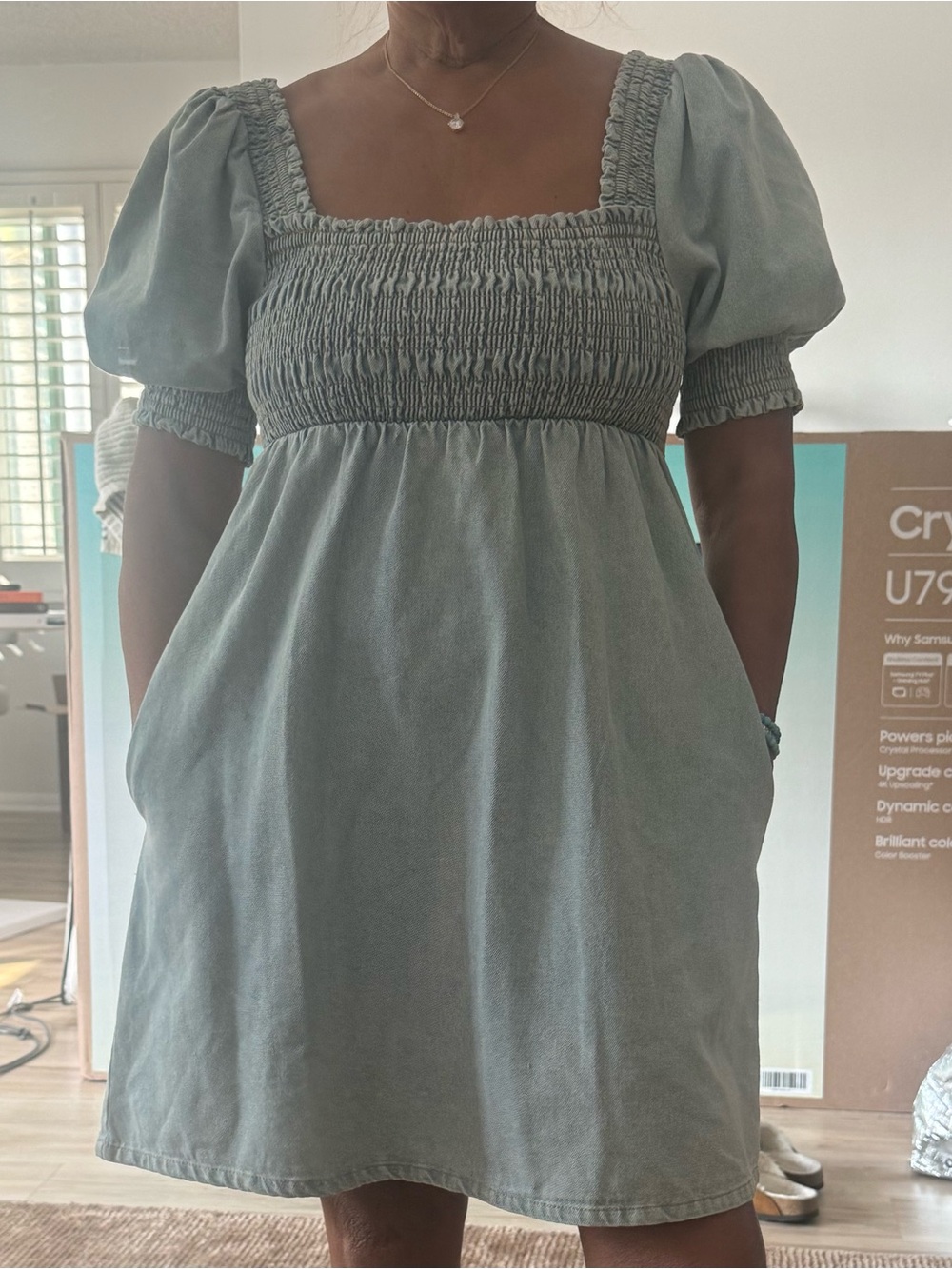Smocked Square-Neck Puff Sleeve Mini Dress in Sage